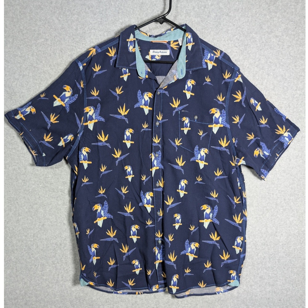 Tommy Bahama Mens XL Navy Blue Toucan Bird of Paradise Cotton Tencel Shirt‎